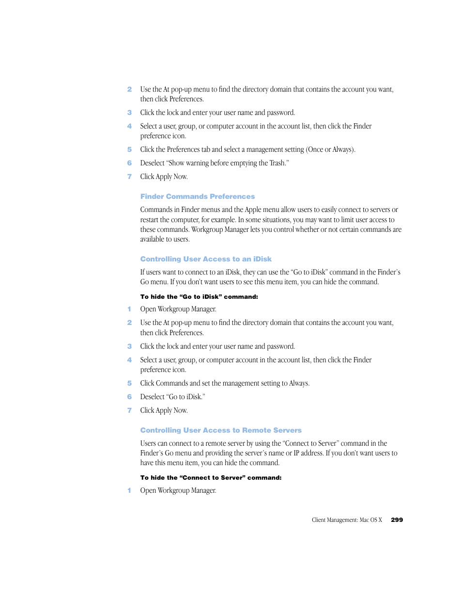 Finder commands preferences, Controlling user access to an idisk, Controlling user access to remote servers | Apple Mac OS X Server (Administrator’s Guide) User Manual | Page 299 / 622