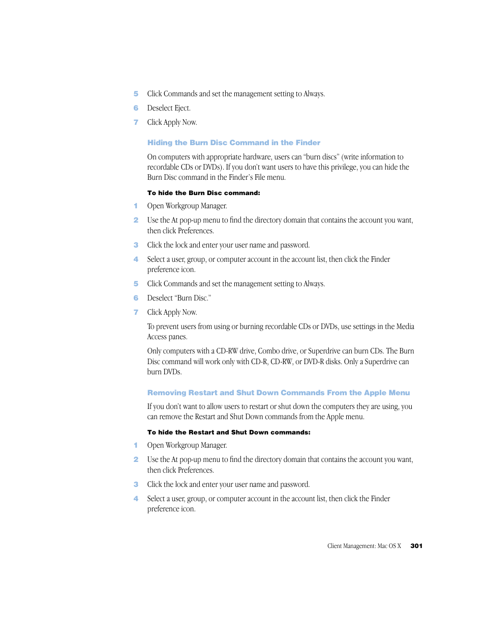 Hiding the burn disc command in the finder | Apple Mac OS X Server (Administrator’s Guide) User Manual | Page 301 / 622