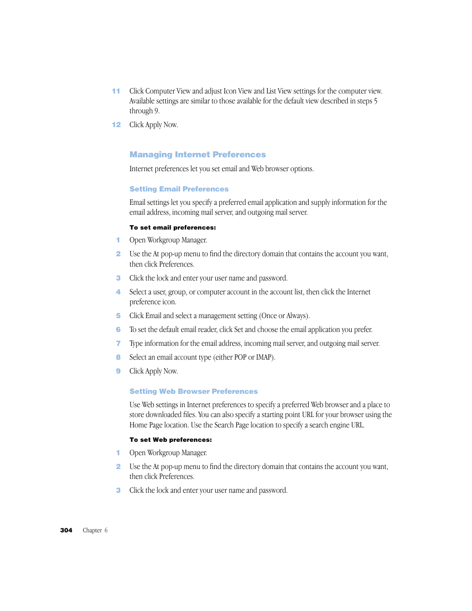 Managing internet preferences, Setting email preferences, Setting web browser preferences | Apple Mac OS X Server (Administrator’s Guide) User Manual | Page 304 / 622