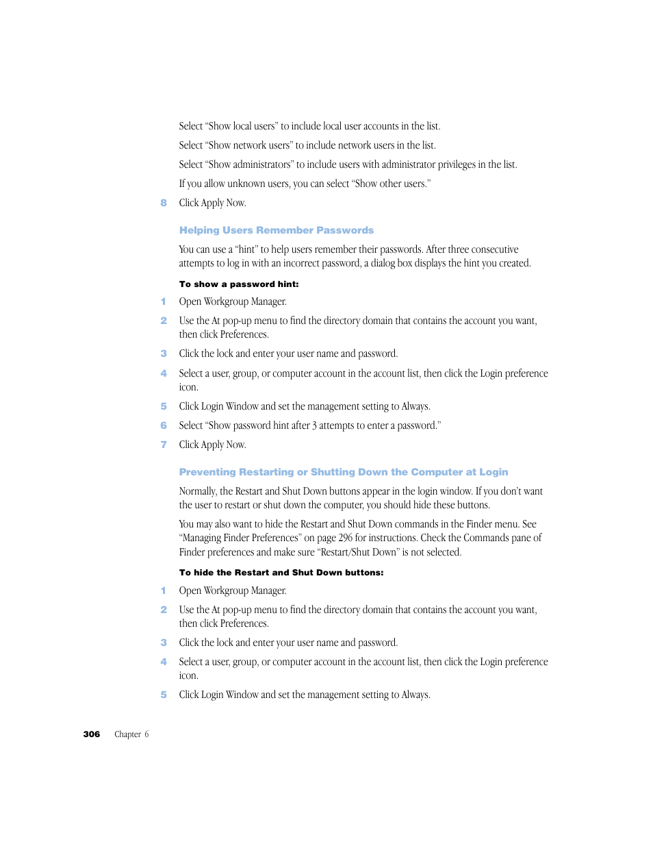 Helping users remember passwords | Apple Mac OS X Server (Administrator’s Guide) User Manual | Page 306 / 622