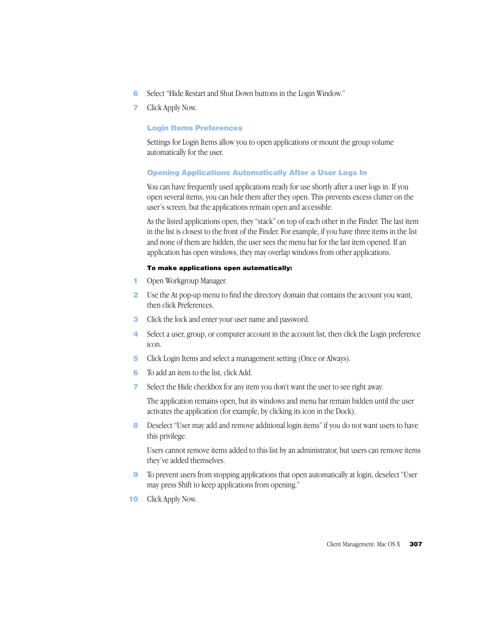 Login items preferences | Apple Mac OS X Server (Administrator’s Guide) User Manual | Page 307 / 622