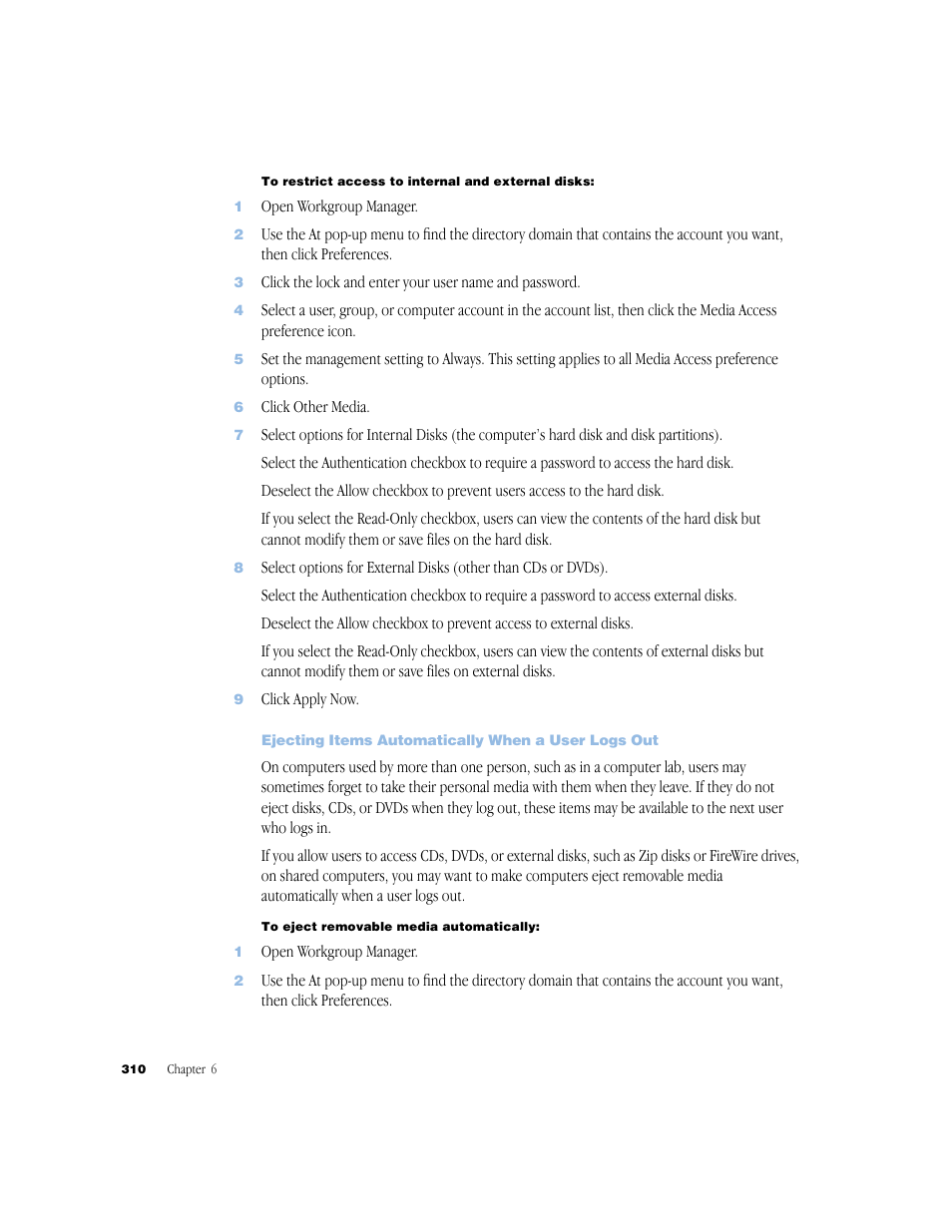 Ejecting items automatically when a user logs out | Apple Mac OS X Server (Administrator’s Guide) User Manual | Page 310 / 622