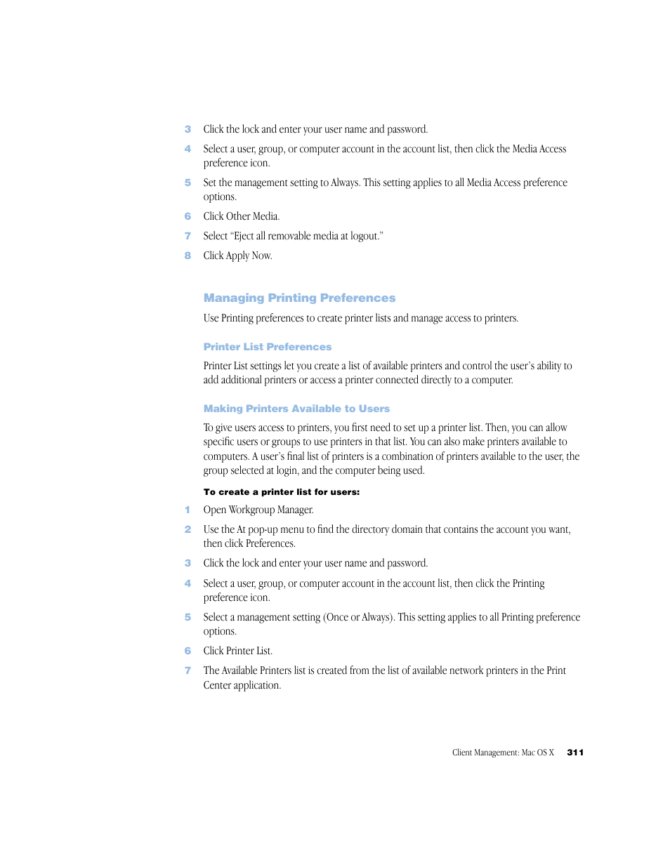 Managing printing preferences, Printer list preferences, Making printers available to users | Apple Mac OS X Server (Administrator’s Guide) User Manual | Page 311 / 622