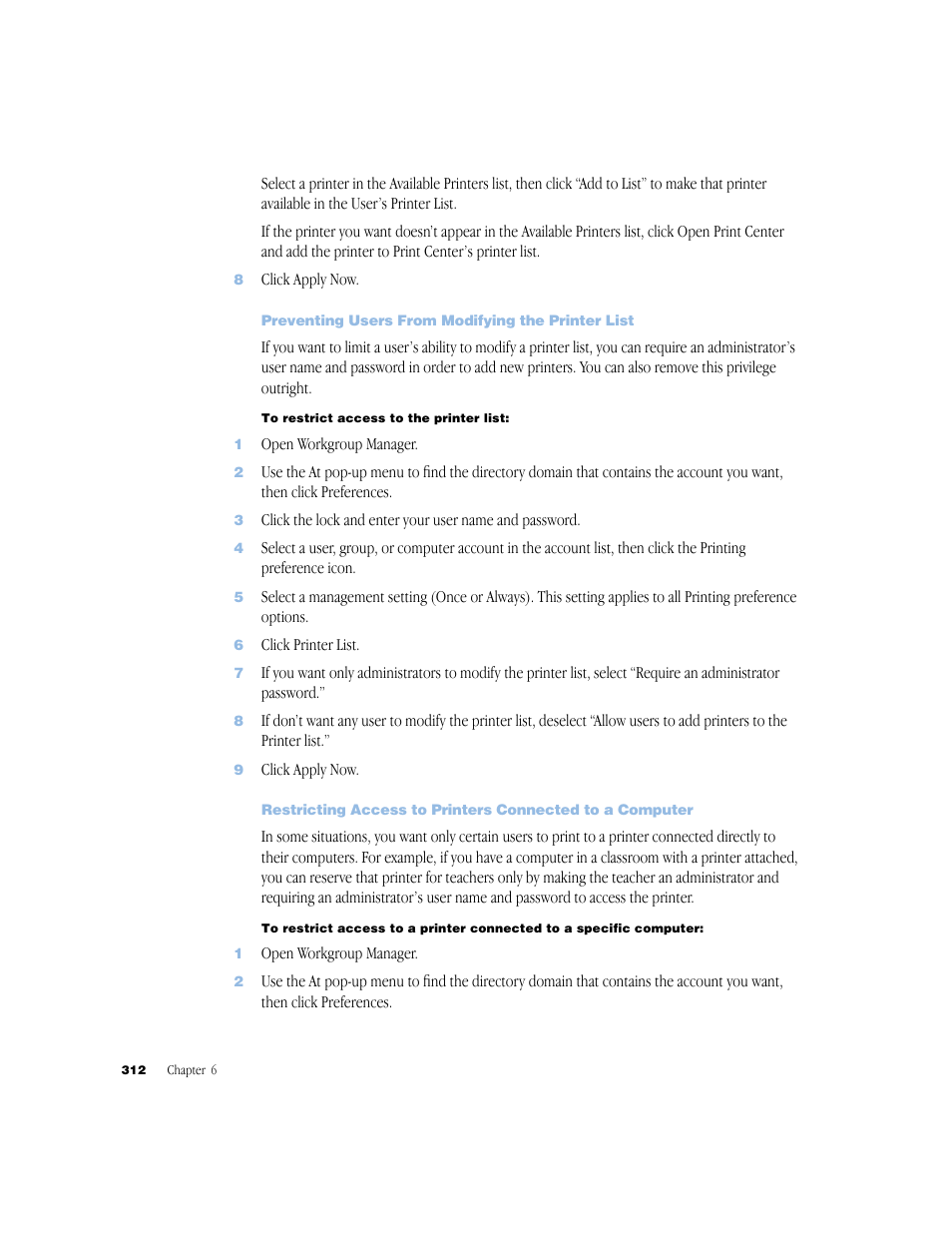 Preventing users from modifying the printer list | Apple Mac OS X Server (Administrator’s Guide) User Manual | Page 312 / 622