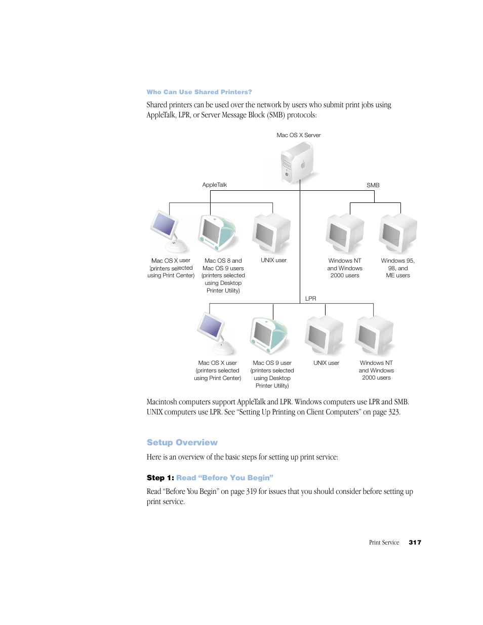 Setup overview, Step 1: read “before you begin | Apple Mac OS X Server (Administrator’s Guide) User Manual | Page 317 / 622