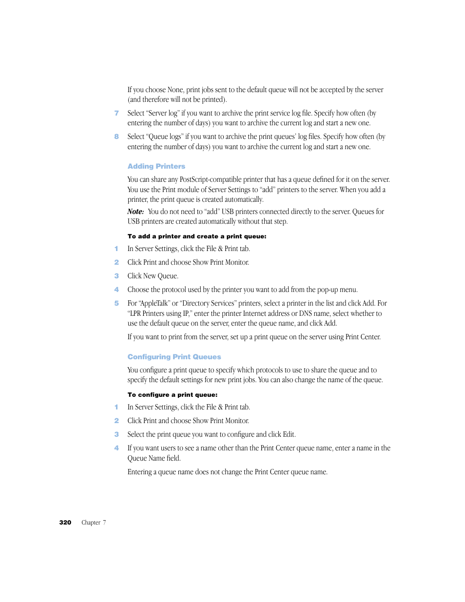 Adding printers, Configuring print queues | Apple Mac OS X Server (Administrator’s Guide) User Manual | Page 320 / 622