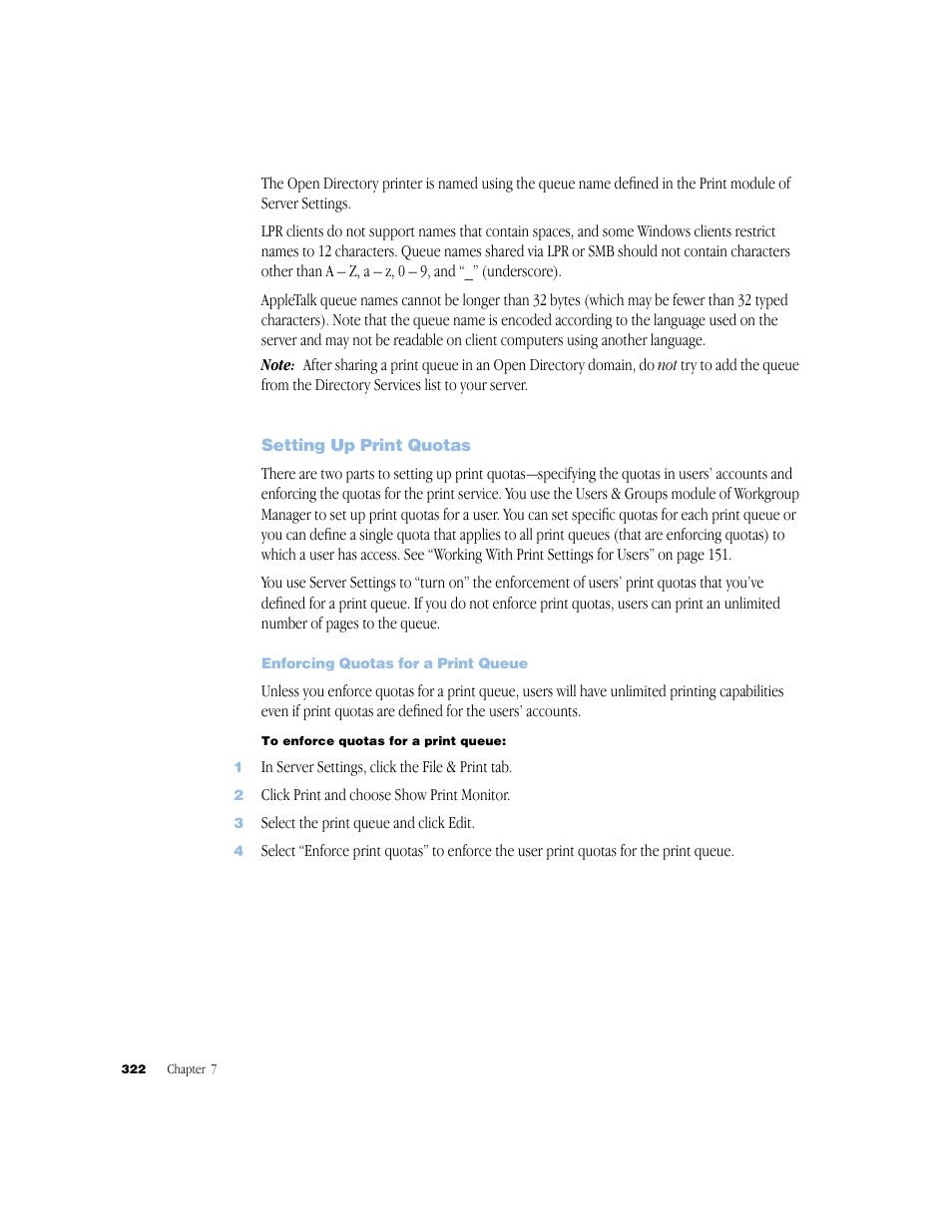Setting up print quotas, Enforcing quotas for a print queue | Apple Mac OS X Server (Administrator’s Guide) User Manual | Page 322 / 622