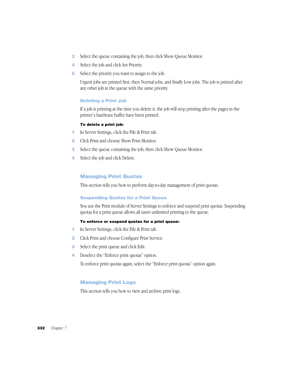 Deleting a print job, Managing print quotas, Suspending quotas for a print queue | Managing print logs | Apple Mac OS X Server (Administrator’s Guide) User Manual | Page 332 / 622