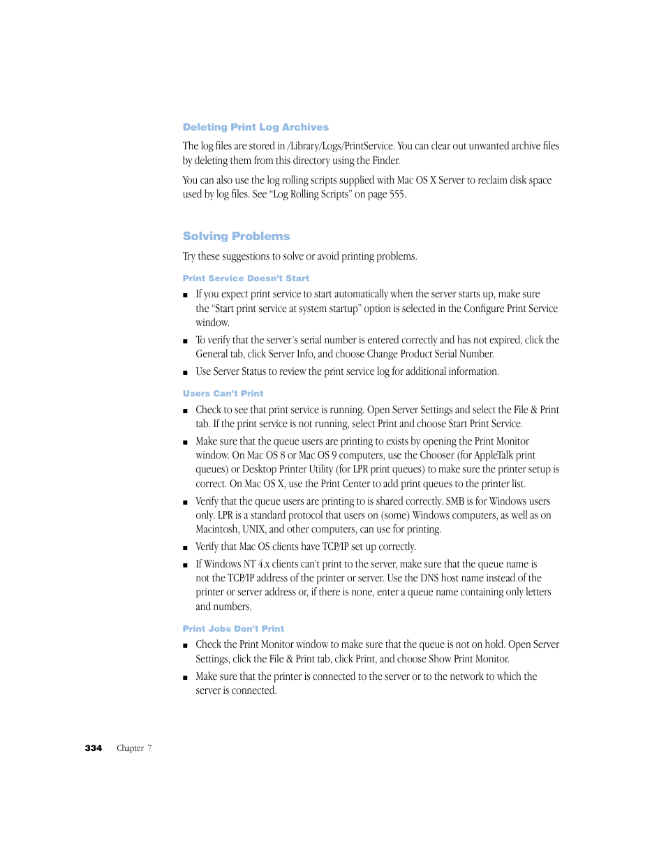 Deleting print log archives, Solving problems | Apple Mac OS X Server (Administrator’s Guide) User Manual | Page 334 / 622