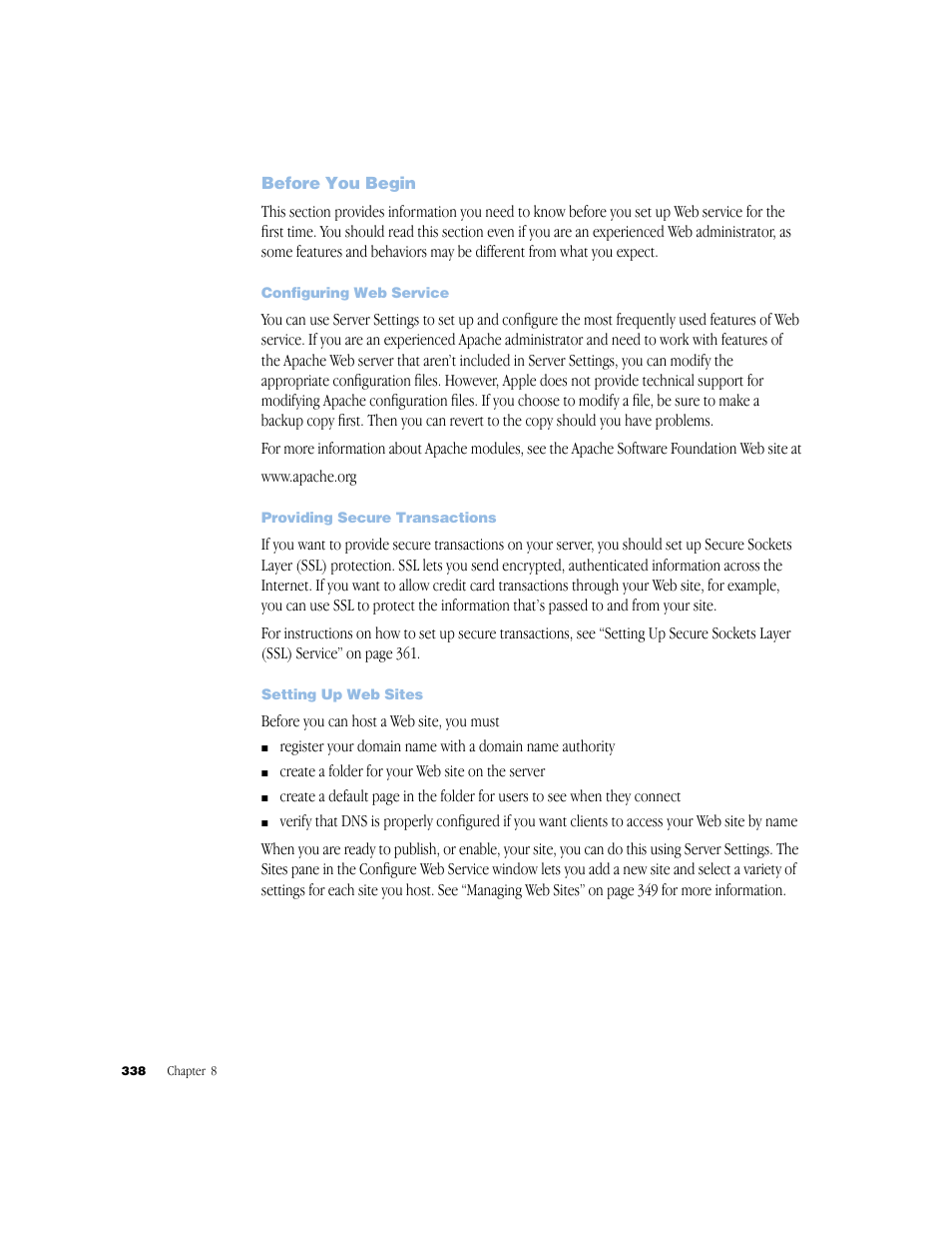 Before you begin, Configuring web service, Providing secure transactions | Setting up web sites | Apple Mac OS X Server (Administrator’s Guide) User Manual | Page 338 / 622
