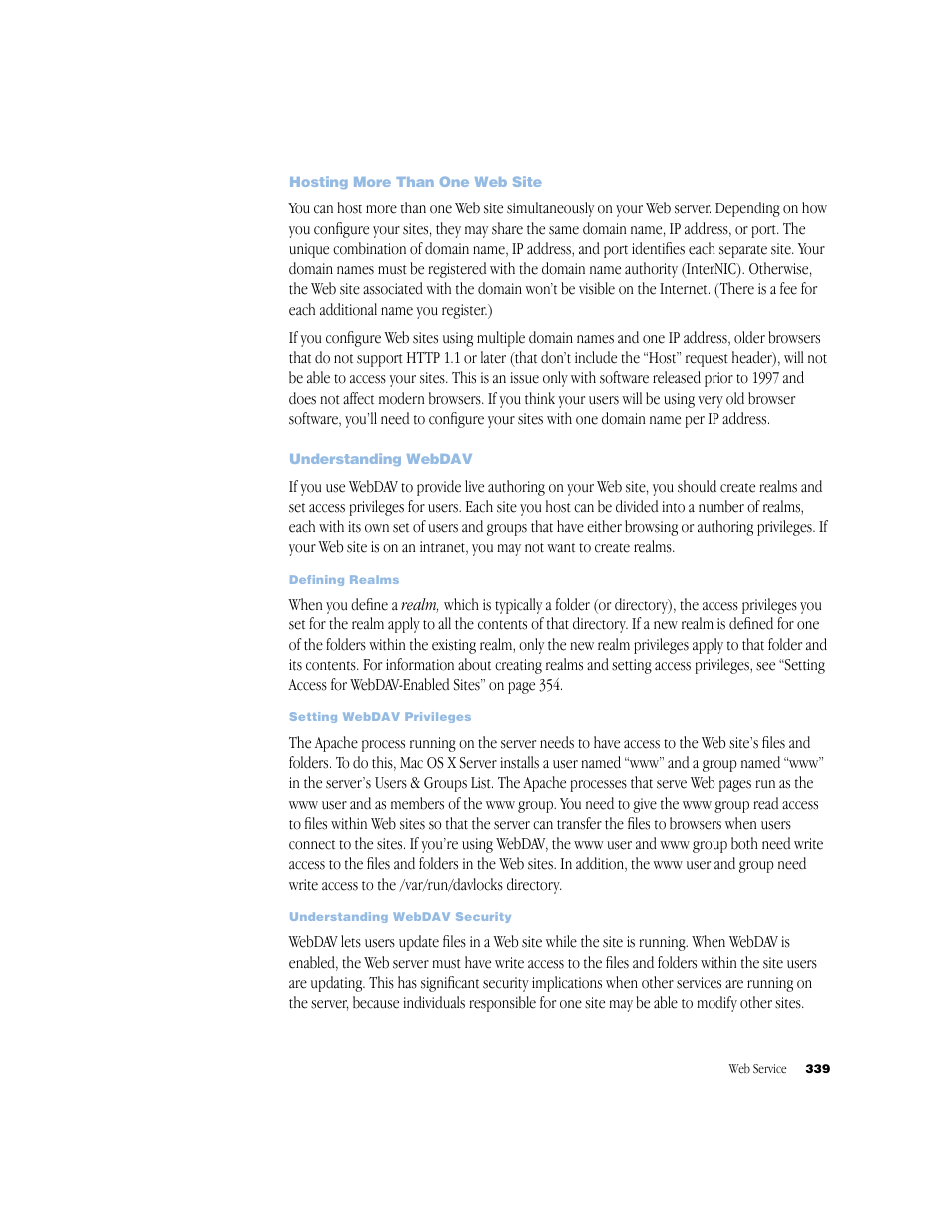 Hosting more than one web site, Understanding webdav | Apple Mac OS X Server (Administrator’s Guide) User Manual | Page 339 / 622