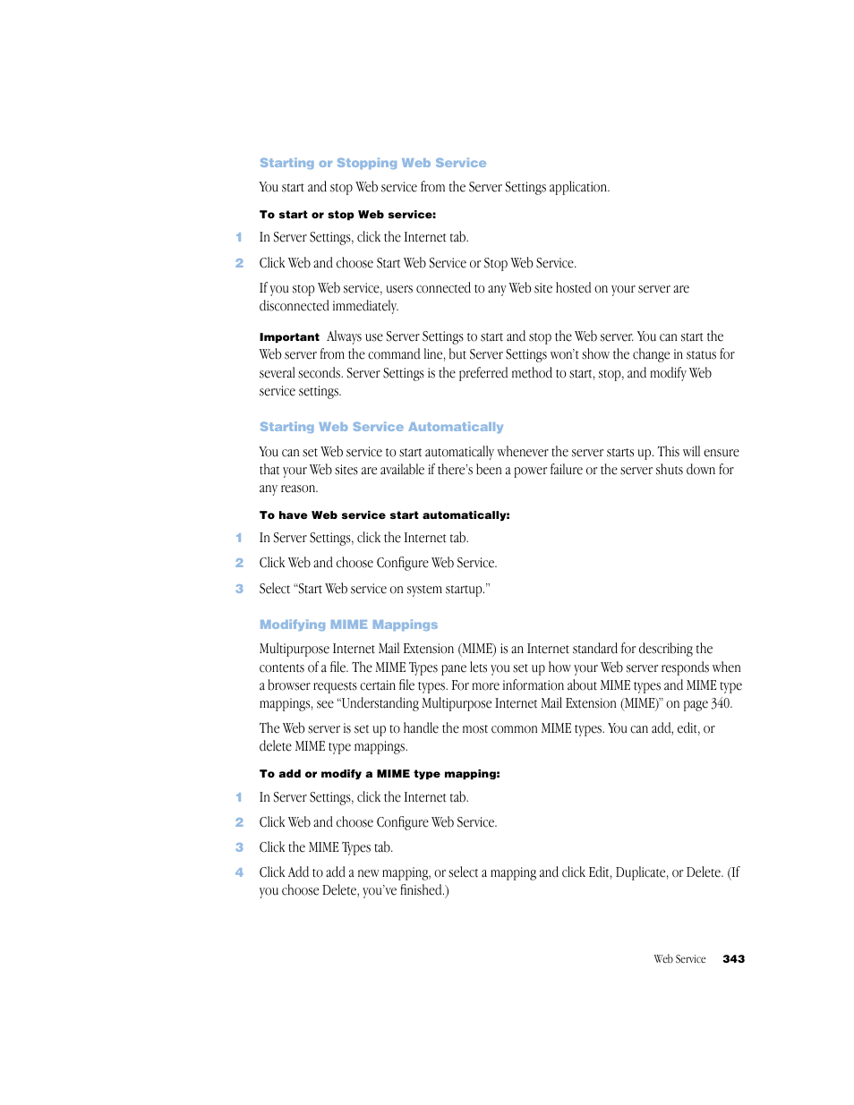 Starting or stopping web service, Starting web service automatically, Modifying mime mappings | Apple Mac OS X Server (Administrator’s Guide) User Manual | Page 343 / 622