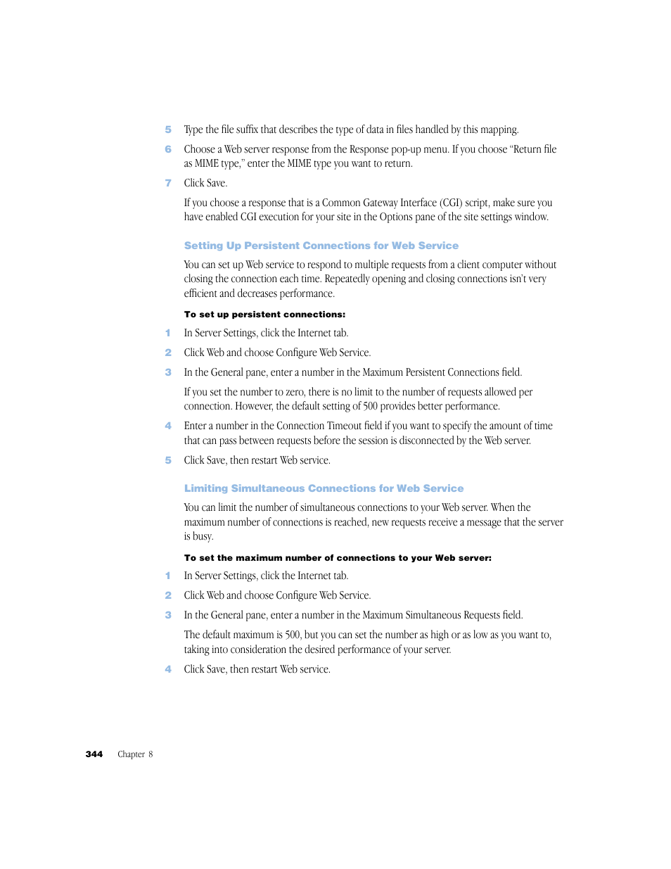 Setting up persistent connections for web service, Limiting simultaneous connections for web service | Apple Mac OS X Server (Administrator’s Guide) User Manual | Page 344 / 622