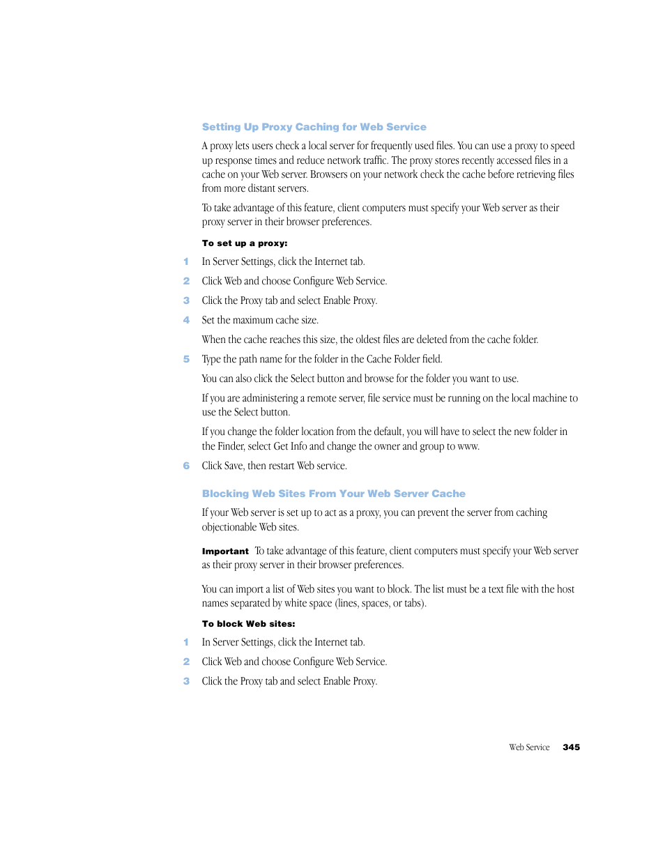 Setting up proxy caching for web service, Blocking web sites from your web server cache | Apple Mac OS X Server (Administrator’s Guide) User Manual | Page 345 / 622