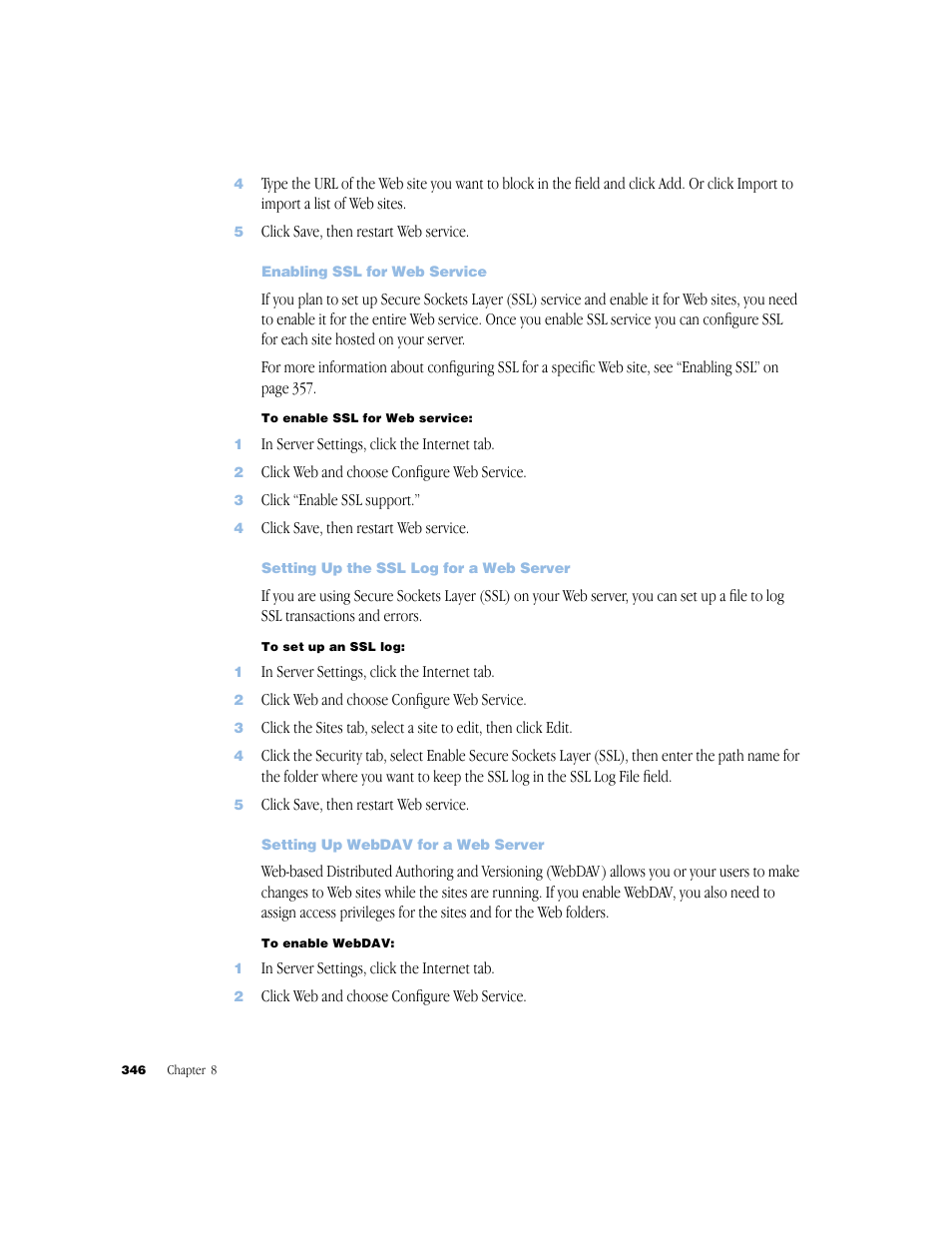 Enabling ssl for web service, Setting up the ssl log for a web server, Setting up webdav for a web server | Apple Mac OS X Server (Administrator’s Guide) User Manual | Page 346 / 622