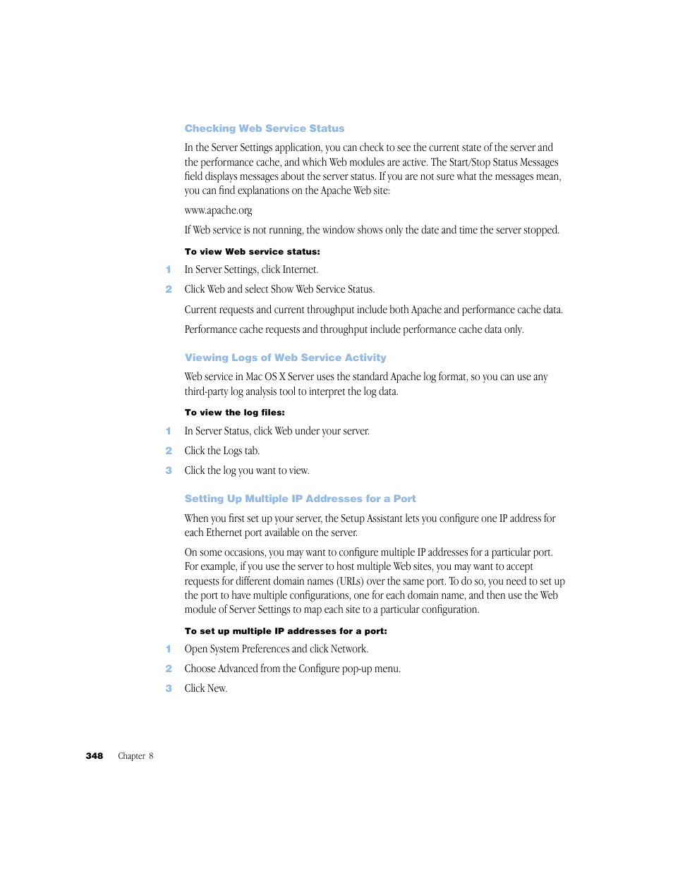 Checking web service status, Viewing logs of web service activity, Setting up multiple ip addresses for a port | Apple Mac OS X Server (Administrator’s Guide) User Manual | Page 348 / 622