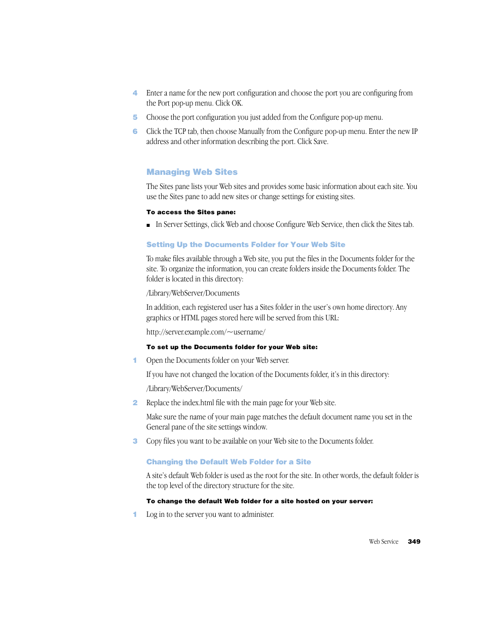 Managing web sites, Setting up the documents folder for your web site, Changing the default web folder for a site | Apple Mac OS X Server (Administrator’s Guide) User Manual | Page 349 / 622