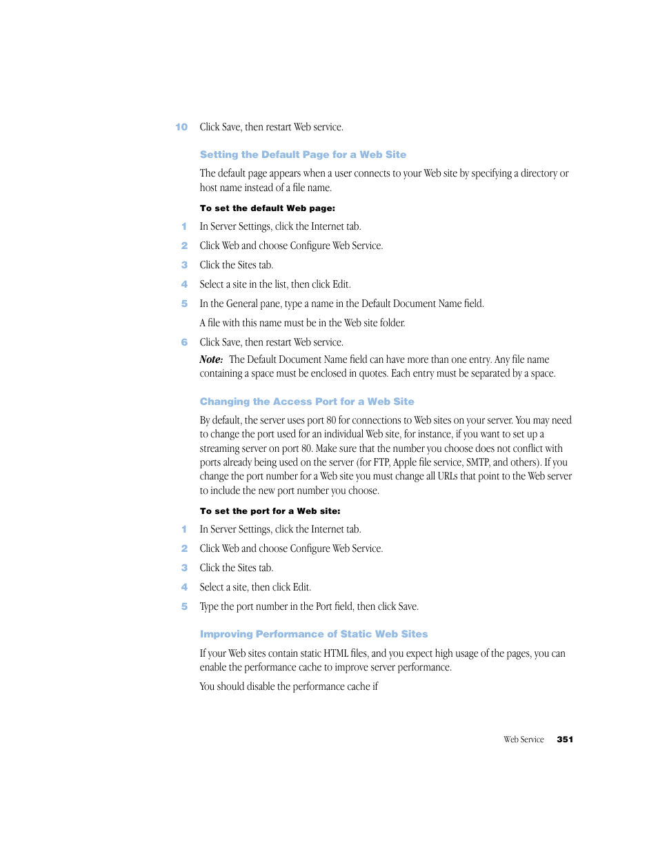 Changing the access port for a web site, Improving performance of static web sites | Apple Mac OS X Server (Administrator’s Guide) User Manual | Page 351 / 622