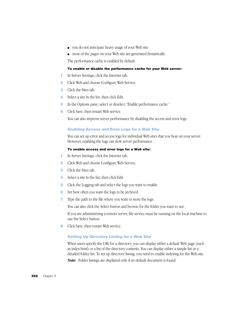 Enabling access and error logs for a web site, Setting up directory listing for a web site | Apple Mac OS X Server (Administrator’s Guide) User Manual | Page 352 / 622