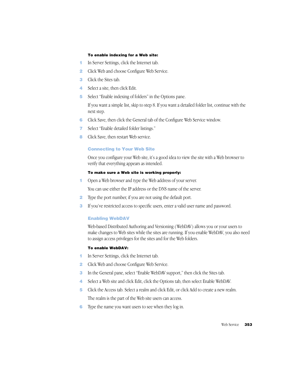 Connecting to your web site, Enabling webdav | Apple Mac OS X Server (Administrator’s Guide) User Manual | Page 353 / 622