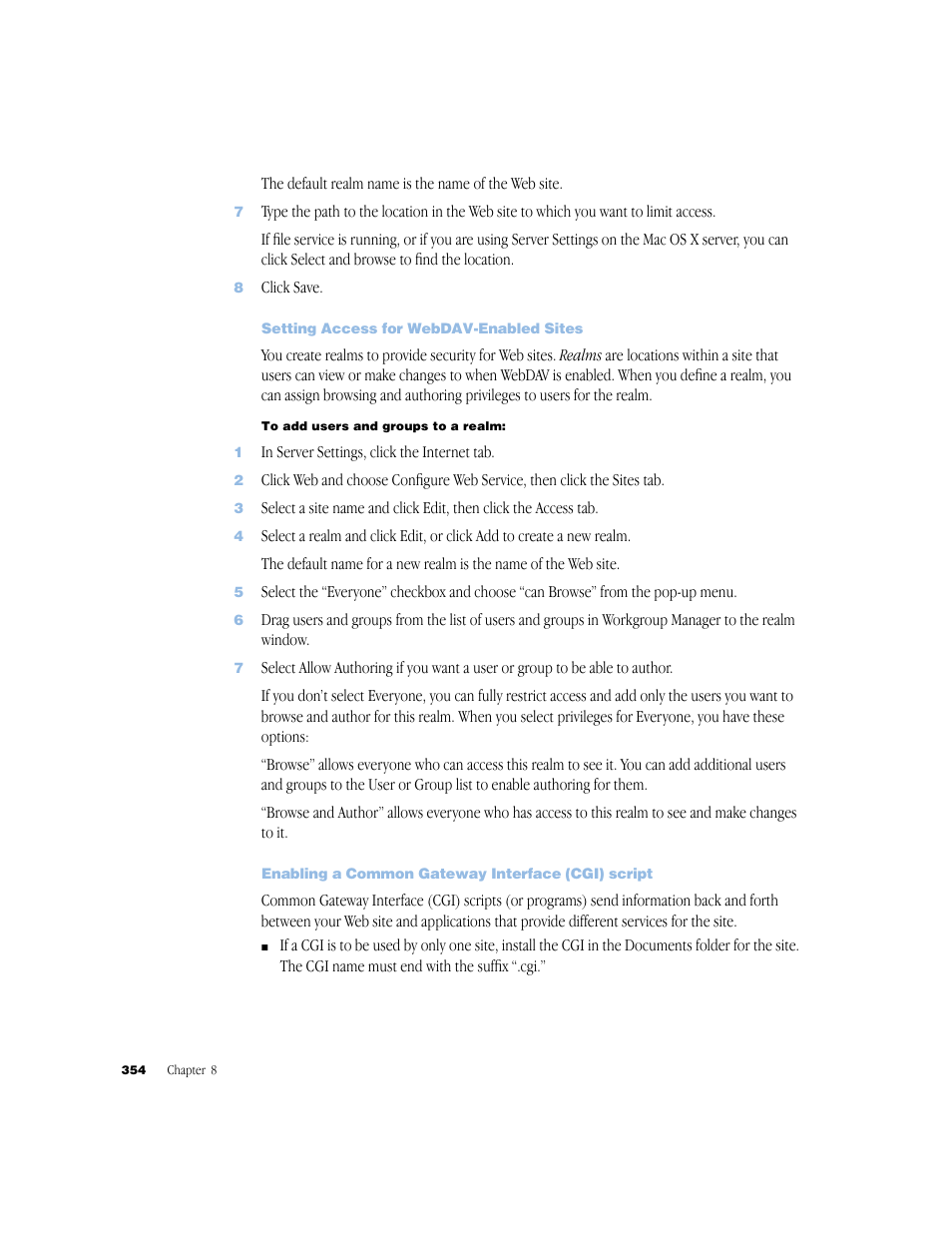 Setting access for webdav-enabled sites, Enabling a common gateway interface (cgi) script | Apple Mac OS X Server (Administrator’s Guide) User Manual | Page 354 / 622