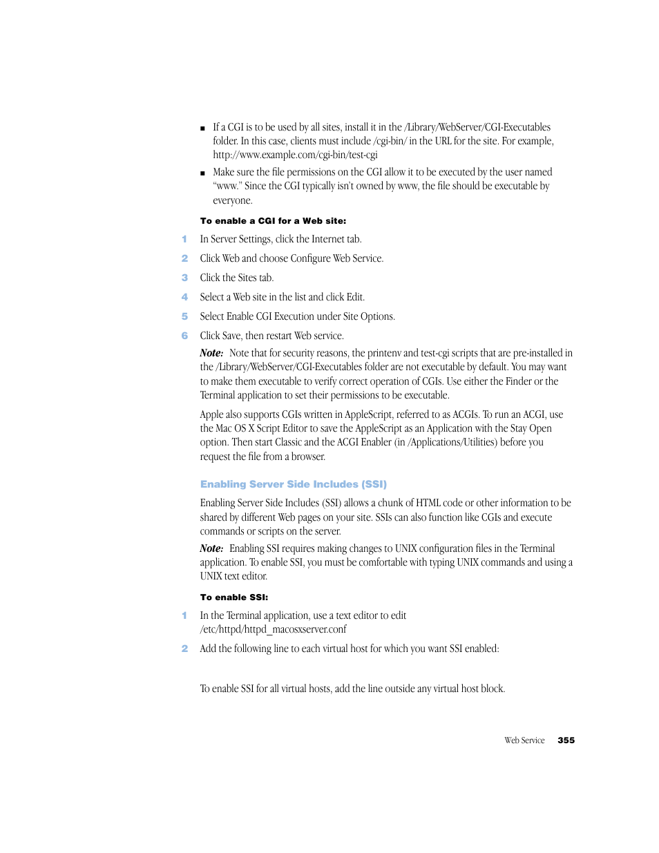 Enabling server side includes (ssi) | Apple Mac OS X Server (Administrator’s Guide) User Manual | Page 355 / 622