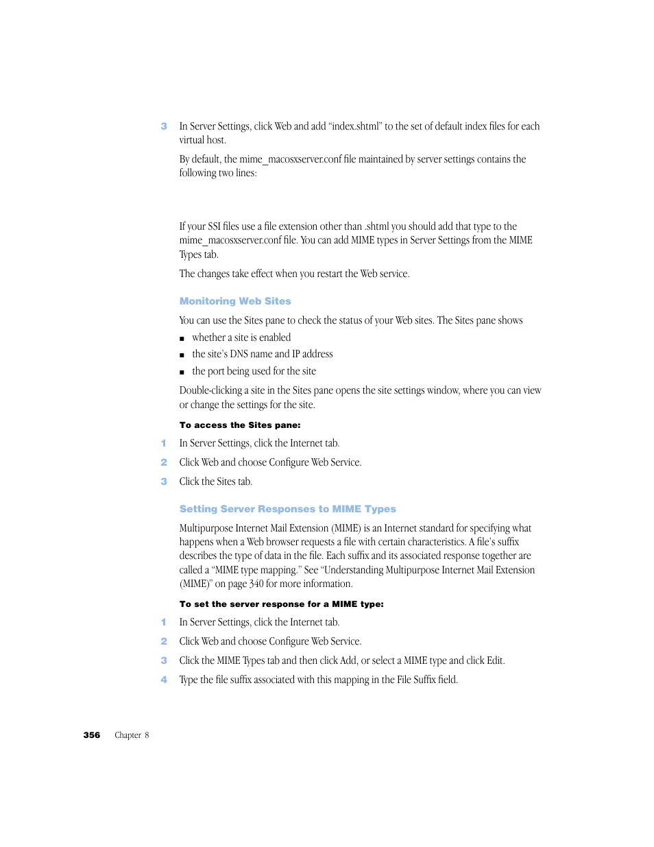 Monitoring web sites, Setting server responses to mime types | Apple Mac OS X Server (Administrator’s Guide) User Manual | Page 356 / 622