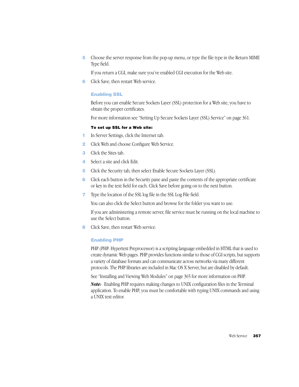 Enabling ssl, Enabling php | Apple Mac OS X Server (Administrator’s Guide) User Manual | Page 357 / 622