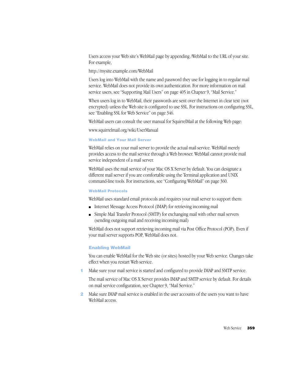 Enabling webmail | Apple Mac OS X Server (Administrator’s Guide) User Manual | Page 359 / 622