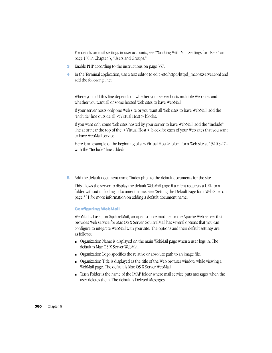 Configuring webmail | Apple Mac OS X Server (Administrator’s Guide) User Manual | Page 360 / 622