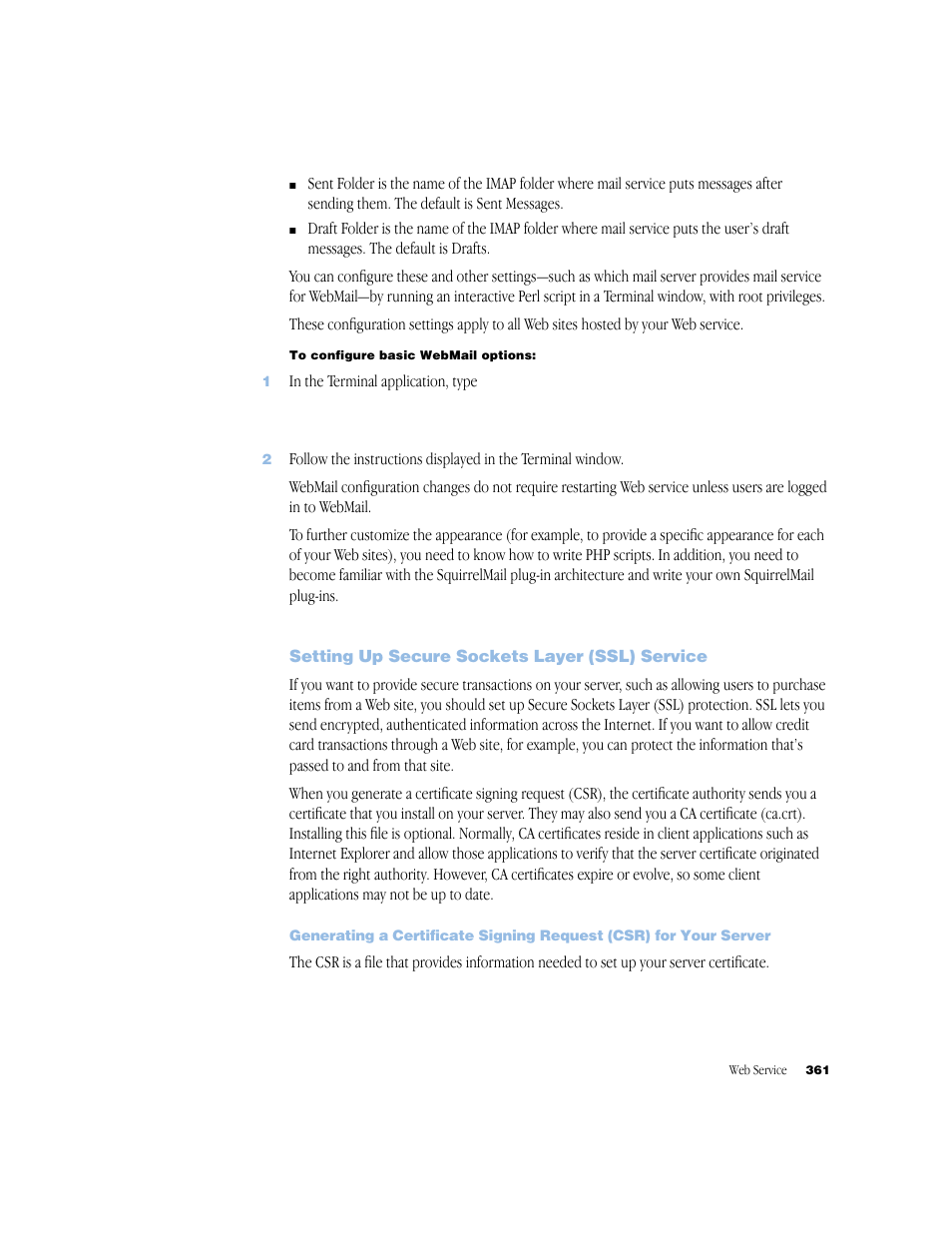 Setting up secure sockets layer (ssl) service | Apple Mac OS X Server (Administrator’s Guide) User Manual | Page 361 / 622