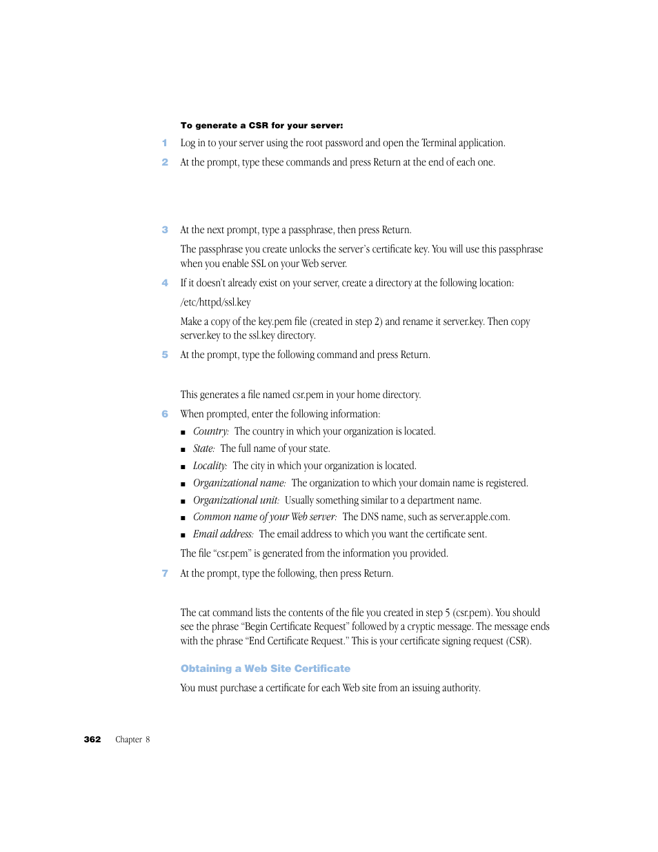Obtaining a web site certificate | Apple Mac OS X Server (Administrator’s Guide) User Manual | Page 362 / 622