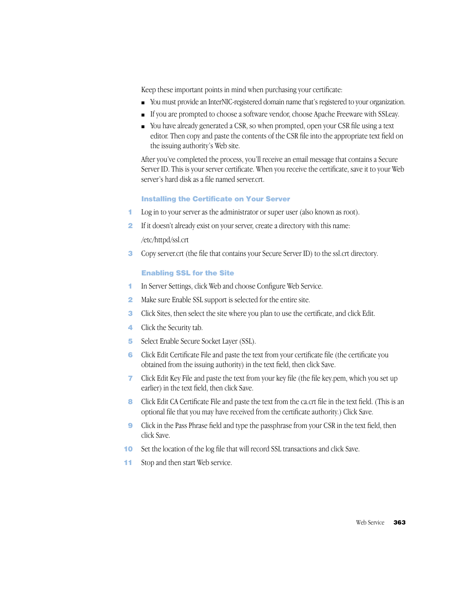 Installing the certificate on your server, Enabling ssl for the site | Apple Mac OS X Server (Administrator’s Guide) User Manual | Page 363 / 622