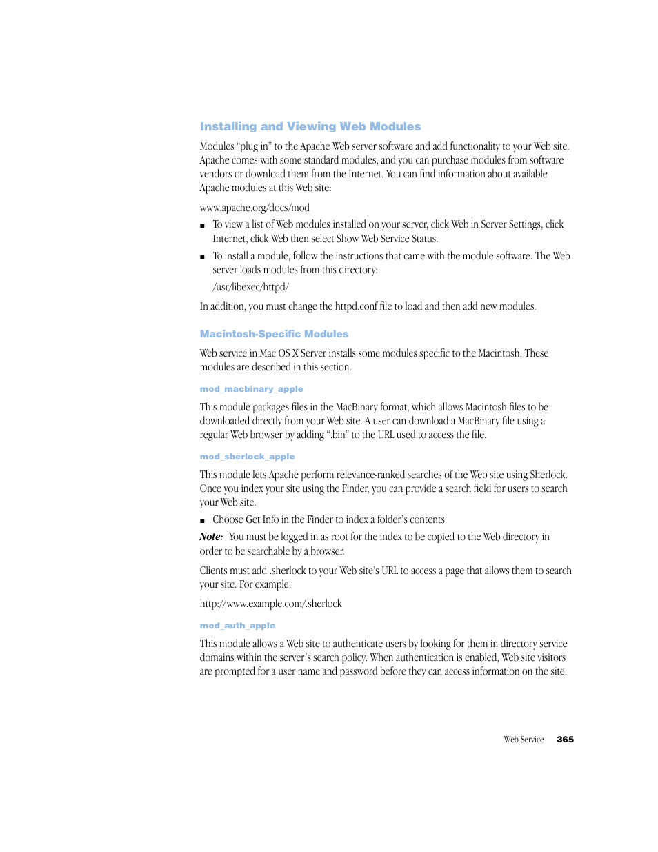 Installing and viewing web modules, Macintosh-specific modules | Apple Mac OS X Server (Administrator’s Guide) User Manual | Page 365 / 622