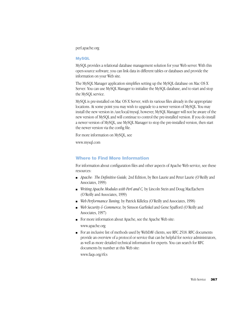 Mysql, Where to find more information | Apple Mac OS X Server (Administrator’s Guide) User Manual | Page 367 / 622