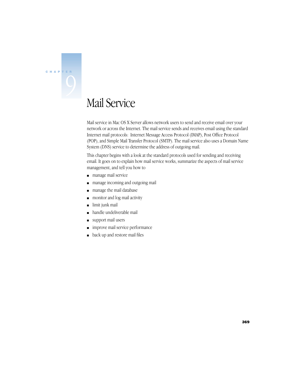 Mail service, Vice, Vice configuration, see chapter 9, “mail service | Apple Mac OS X Server (Administrator’s Guide) User Manual | Page 369 / 622