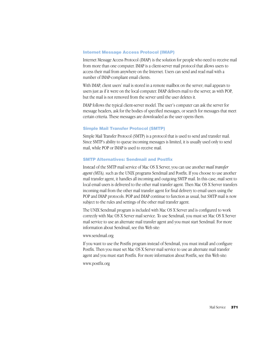 Internet message access protocol (imap), Simple mail transfer protocol (smtp), Smtp alternatives: sendmail and postfix | Apple Mac OS X Server (Administrator’s Guide) User Manual | Page 371 / 622