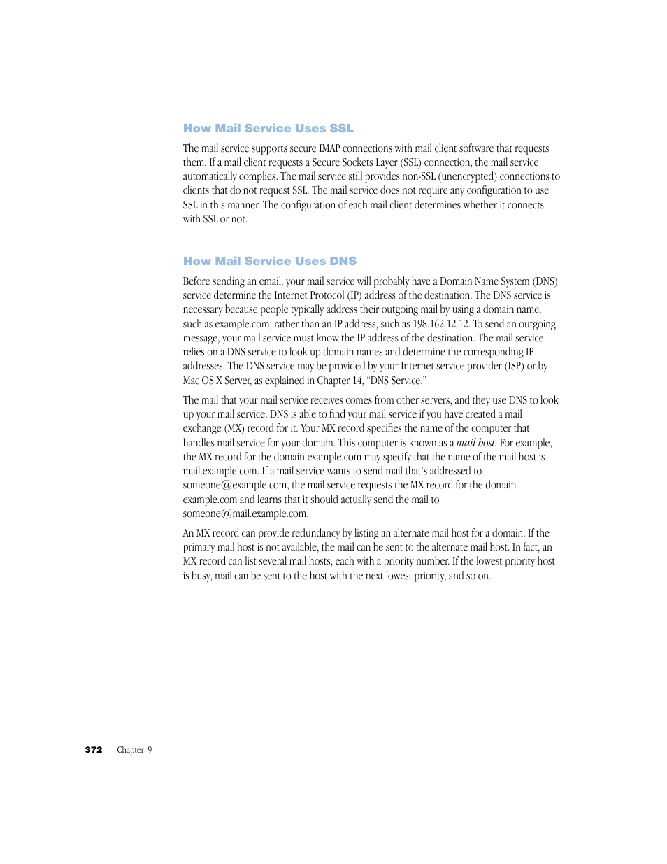 How mail service uses ssl, How mail service uses dns | Apple Mac OS X Server (Administrator’s Guide) User Manual | Page 372 / 622