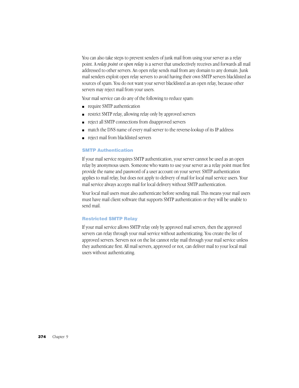 Smtp authentication, Restricted smtp relay | Apple Mac OS X Server (Administrator’s Guide) User Manual | Page 374 / 622