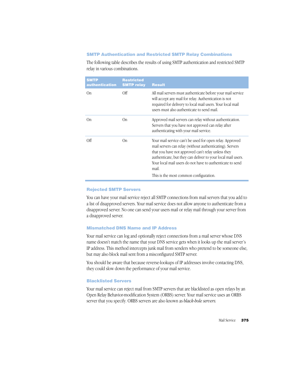 Rejected smtp servers, Mismatched dns name and ip address, Blacklisted servers | Apple Mac OS X Server (Administrator’s Guide) User Manual | Page 375 / 622