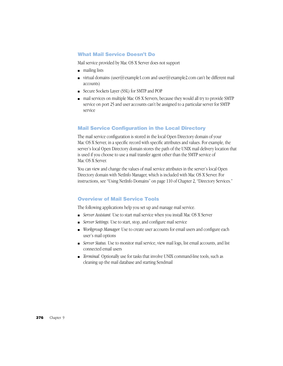 What mail service doesn’t do, Mail service configuration in the local directory, Overview of mail service tools | Apple Mac OS X Server (Administrator’s Guide) User Manual | Page 376 / 622