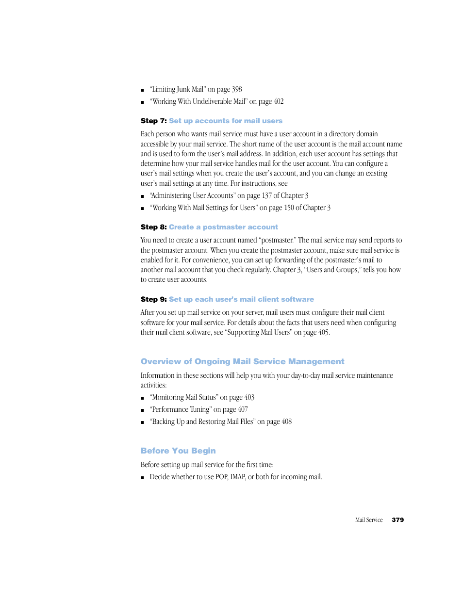 Step 7: set up accounts for mail users, Step 8: create a postmaster account, Step 9: set up each user’s mail client software | Overview of ongoing mail service management, Before you begin | Apple Mac OS X Server (Administrator’s Guide) User Manual | Page 379 / 622