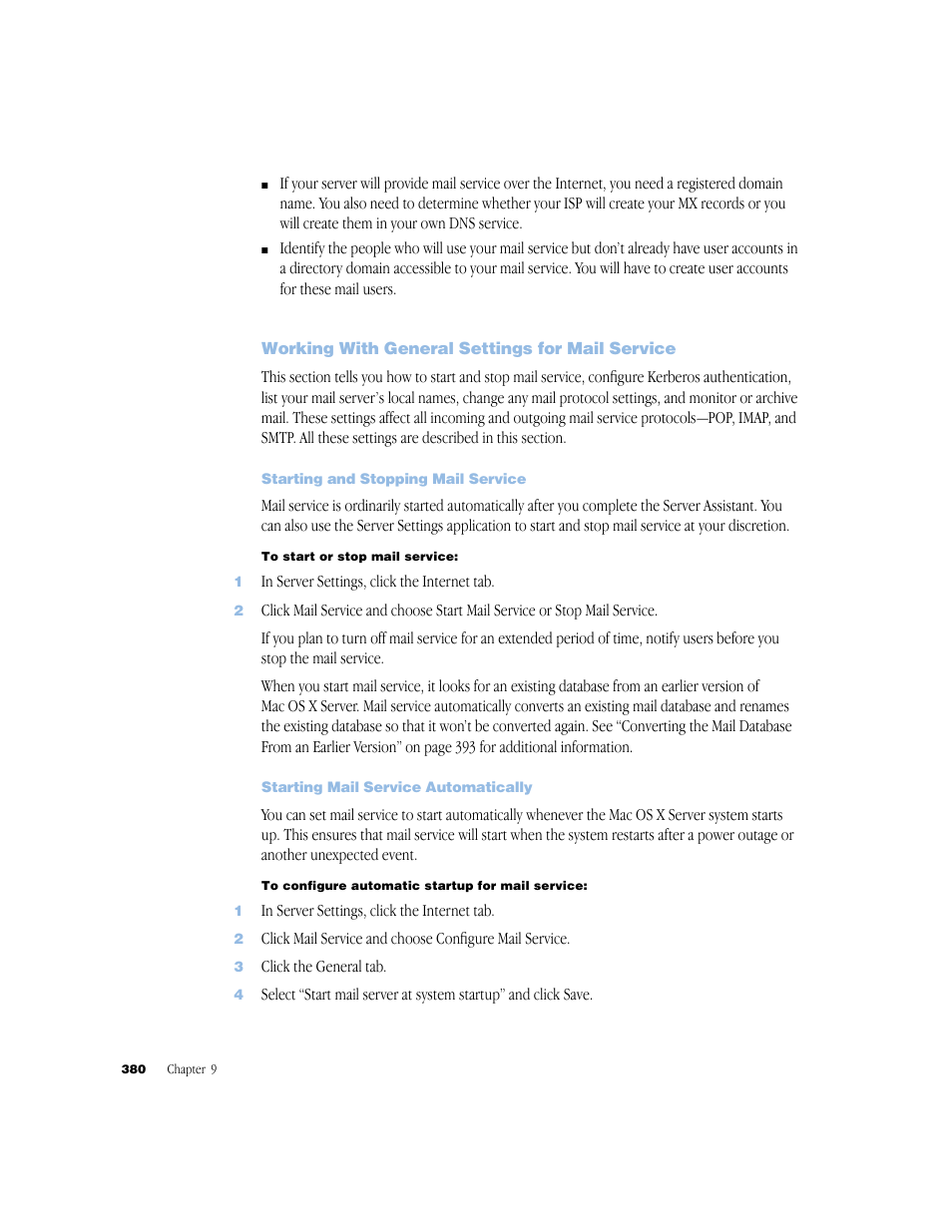 Working with general settings for mail service, Starting and stopping mail service, Starting mail service automatically | Apple Mac OS X Server (Administrator’s Guide) User Manual | Page 380 / 622