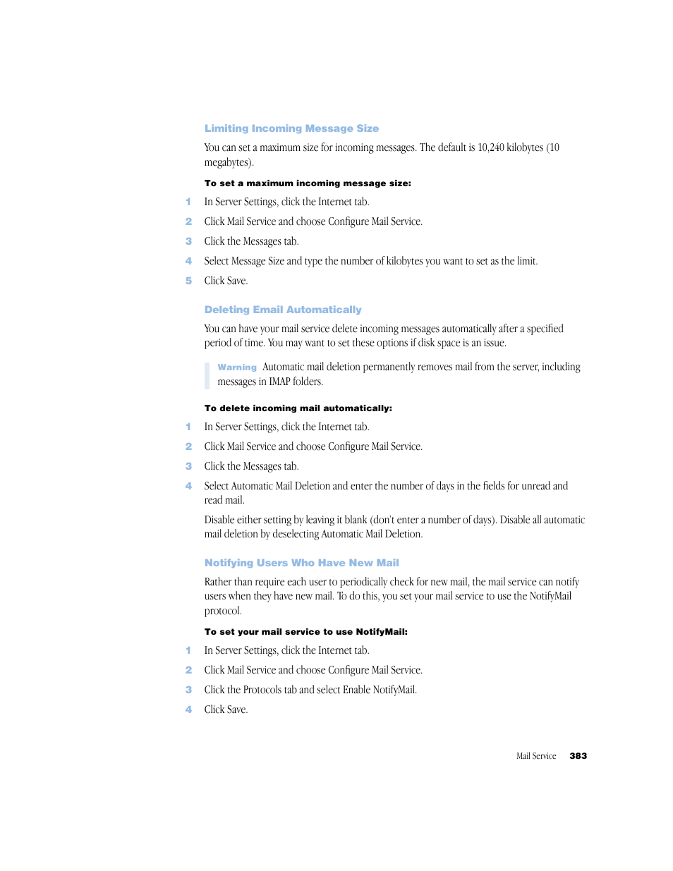 Limiting incoming message size, Deleting email automatically, Notifying users who have new mail | Apple Mac OS X Server (Administrator’s Guide) User Manual | Page 383 / 622