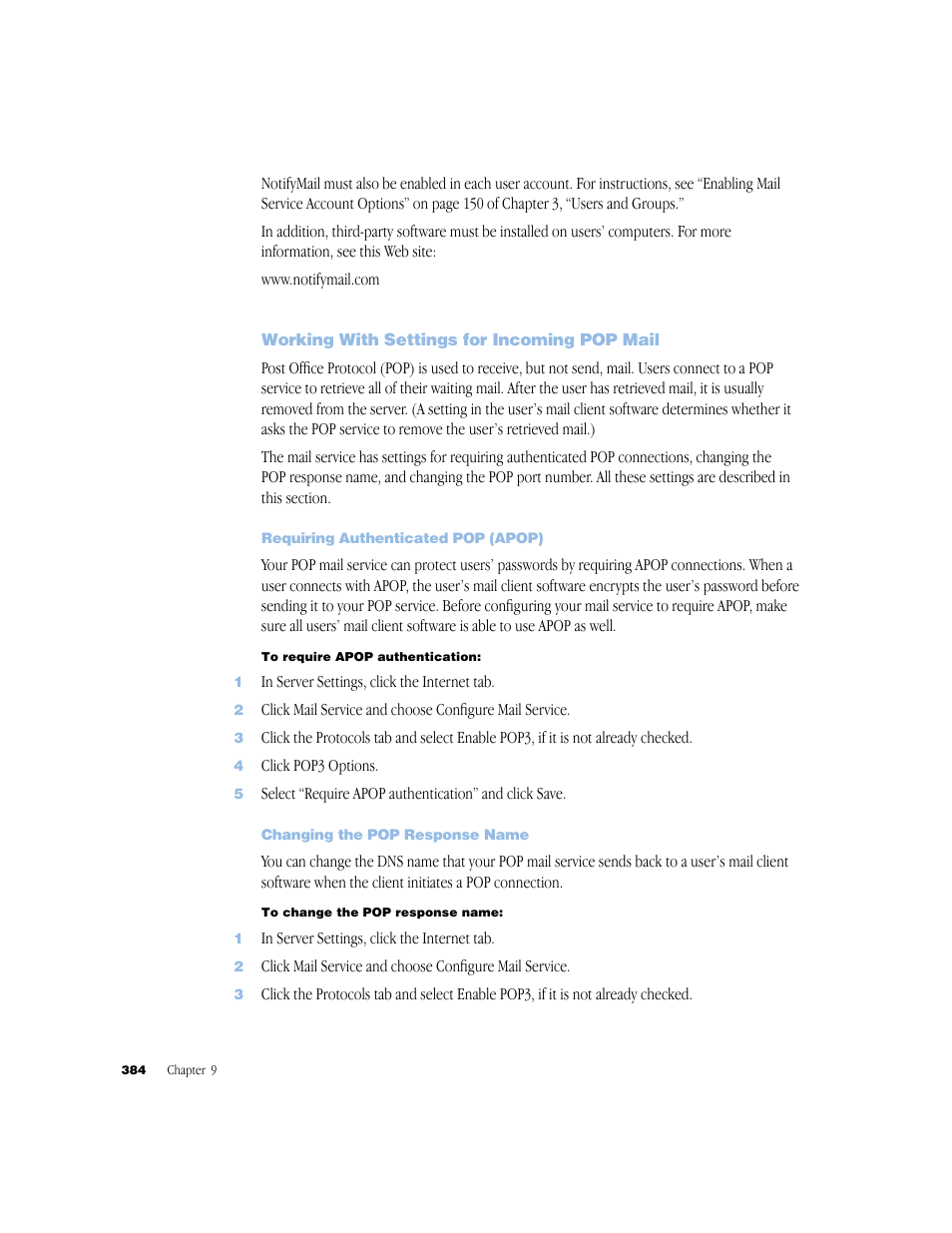 Working with settings for incoming pop mail, Requiring authenticated pop (apop), Changing the pop response name | Apple Mac OS X Server (Administrator’s Guide) User Manual | Page 384 / 622