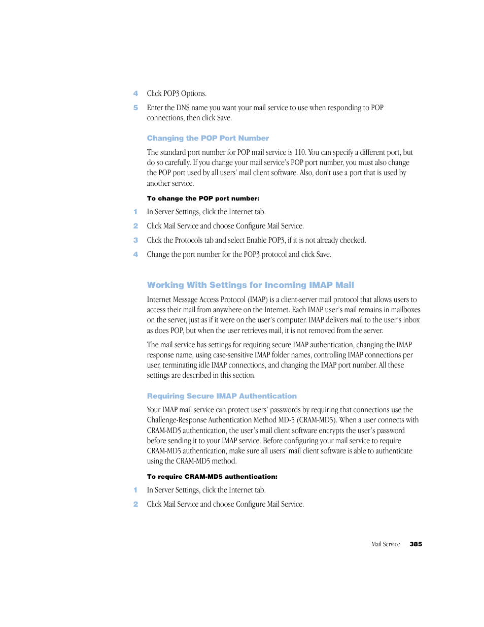 Changing the pop port number, Working with settings for incoming imap mail, Requiring secure imap authentication | Apple Mac OS X Server (Administrator’s Guide) User Manual | Page 385 / 622
