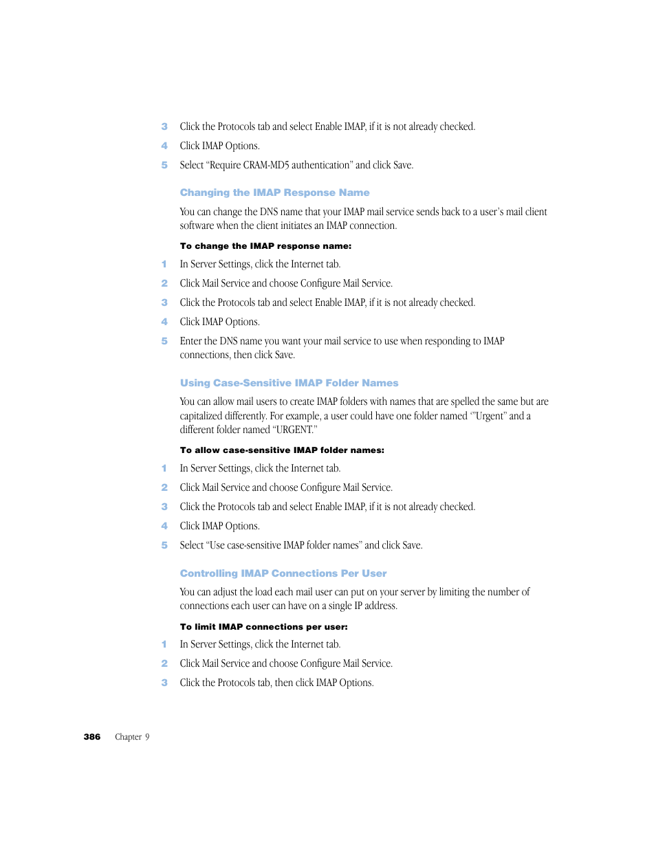 Changing the imap response name, Using case-sensitive imap folder names, Controlling imap connections per user | Apple Mac OS X Server (Administrator’s Guide) User Manual | Page 386 / 622