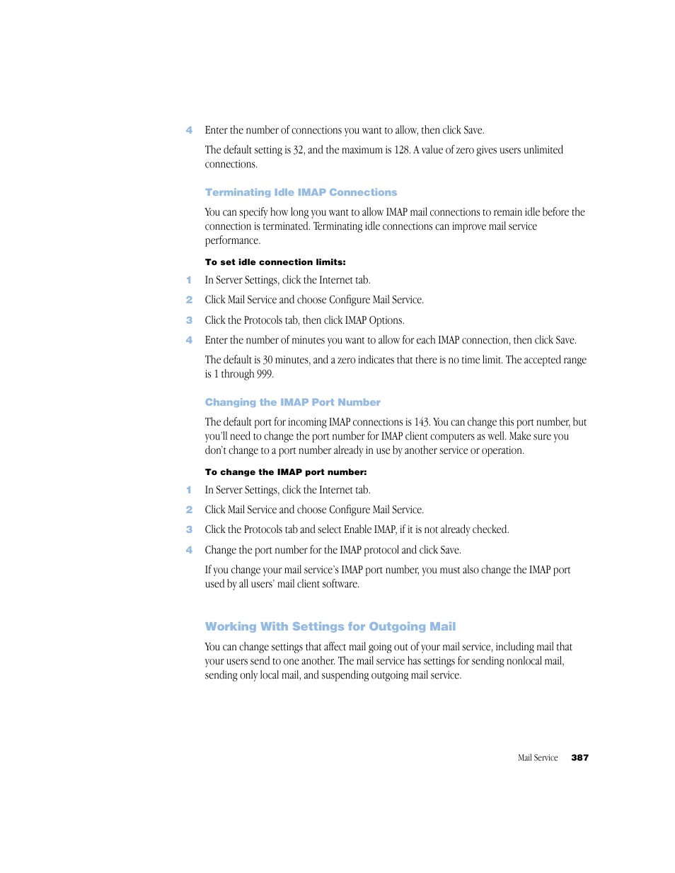 Terminating idle imap connections, Changing the imap port number, Working with settings for outgoing mail | Apple Mac OS X Server (Administrator’s Guide) User Manual | Page 387 / 622