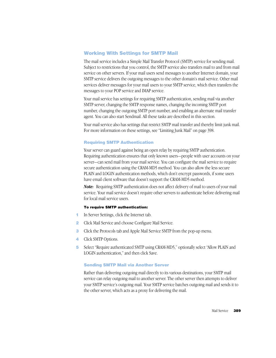 Working with settings for smtp mail, Requiring smtp authentication, Sending smtp mail via another server | Apple Mac OS X Server (Administrator’s Guide) User Manual | Page 389 / 622