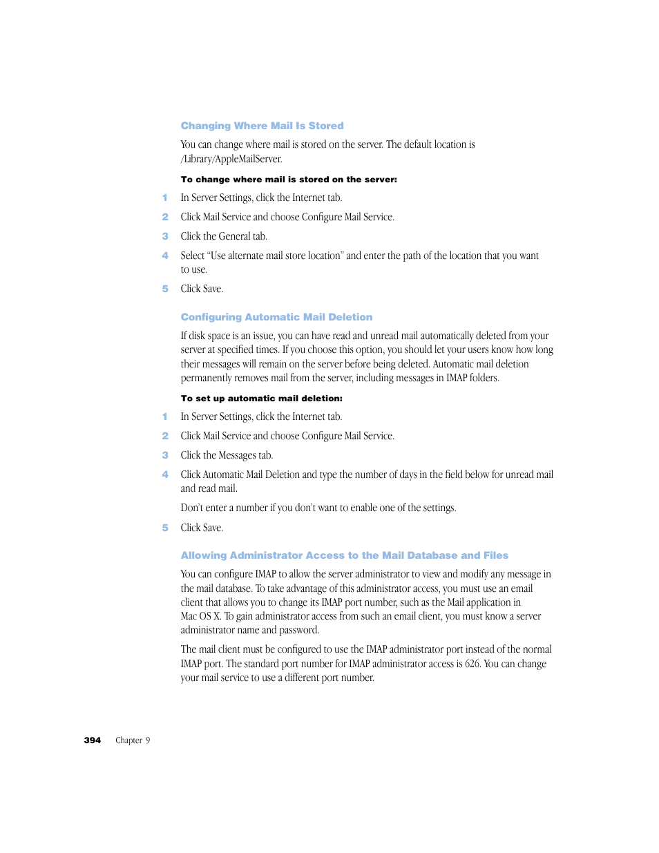 Changing where mail is stored, Configuring automatic mail deletion | Apple Mac OS X Server (Administrator’s Guide) User Manual | Page 394 / 622